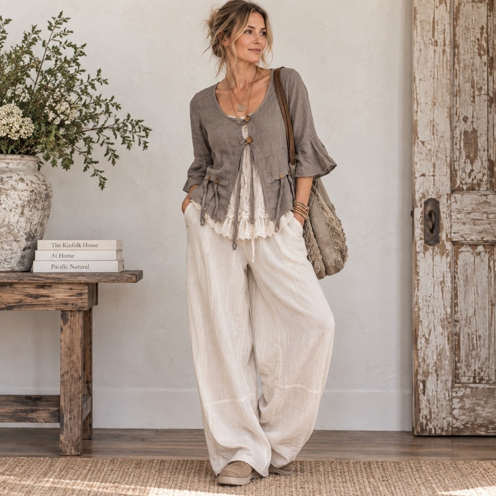 Pretty Lin Lagenlook Linen Jacket Womens Size L Gray Made in Italy Boho Chic